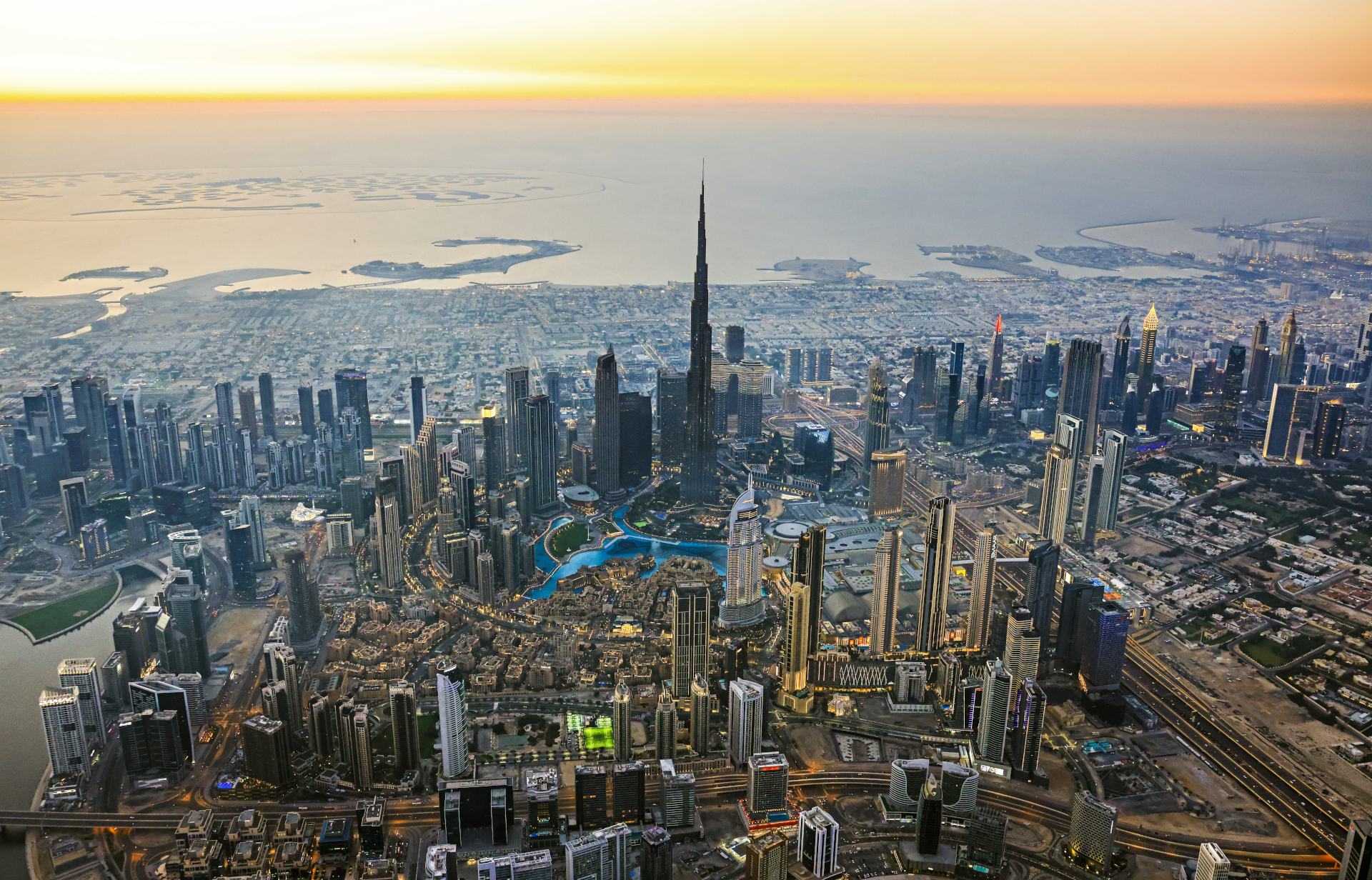 Dubai skyline with Burj Khalifa at golden hour